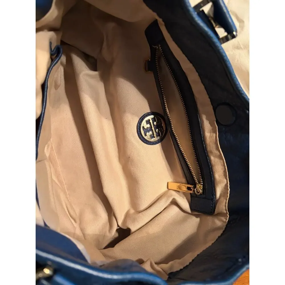 Tory Burch Blue Amanda Classic Hobo Pebbled Leather Gold Hardware + Dust Bag